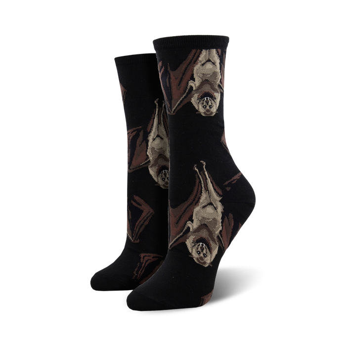 women's black crew socks with cute brown bat pattern.   }}