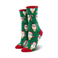 Pair of crew socks, green and red, featuring snowmen in ice cream cones, candy canes, and a festive pattern.