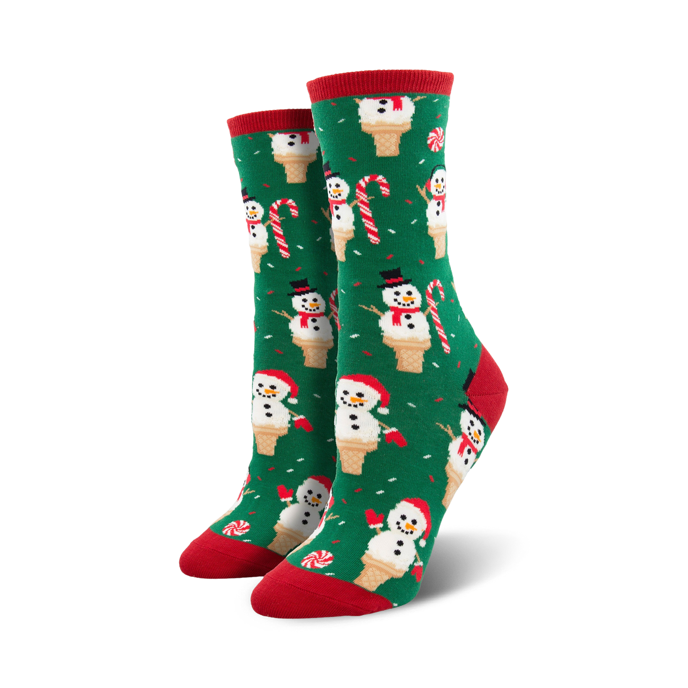Pair of crew socks, green and red, featuring snowmen in ice cream cones, candy canes, and a festive pattern.