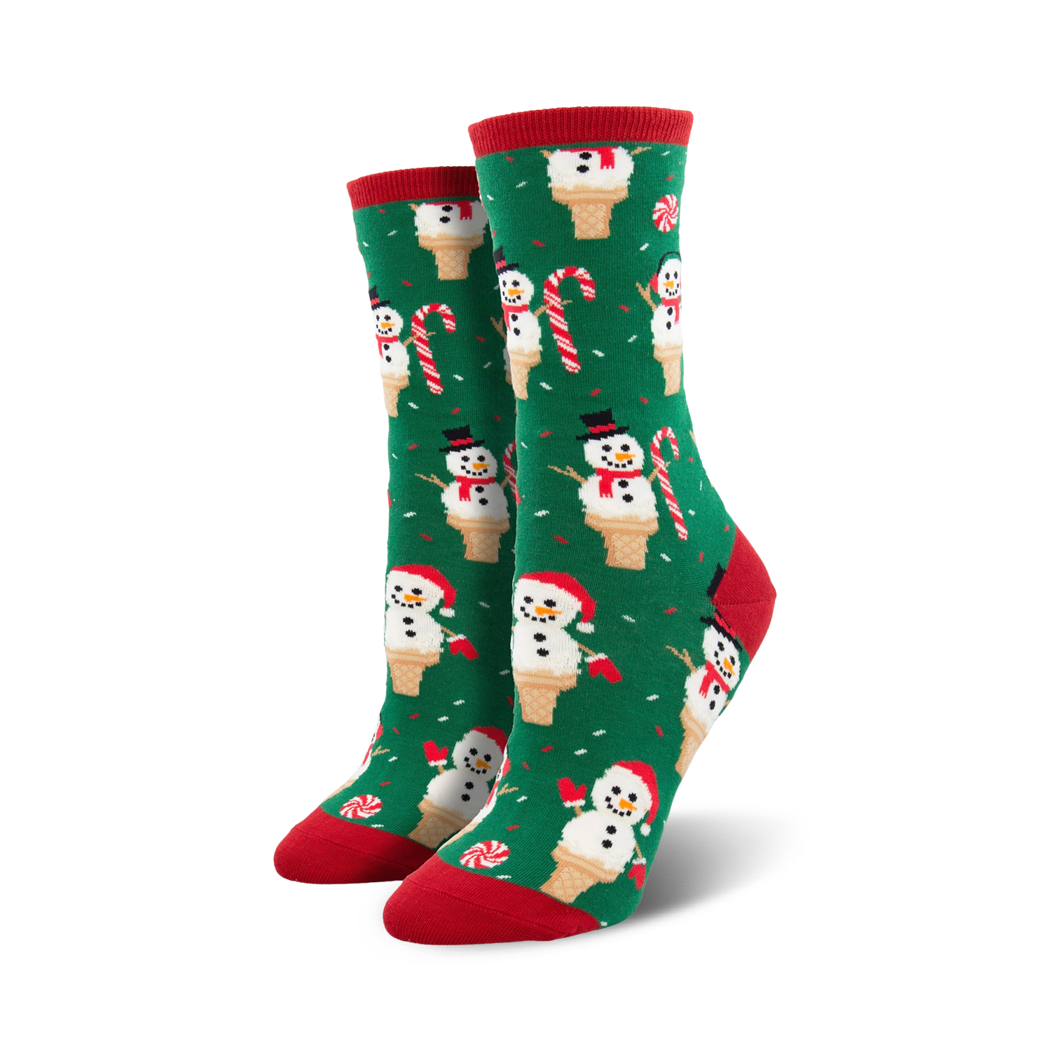 Pair of crew socks, green and red, featuring snowmen in ice cream cones, candy canes, and a festive pattern.