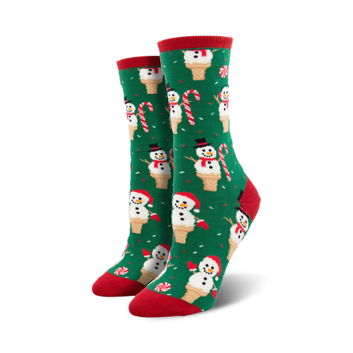 Pair of crew socks, green and red, featuring snowmen in ice cream cones, candy canes, and a festive pattern.