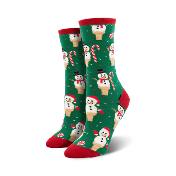 womens christmas crew socks featuring jolly snowmen on candy canes with extra candy cane details in the background.   