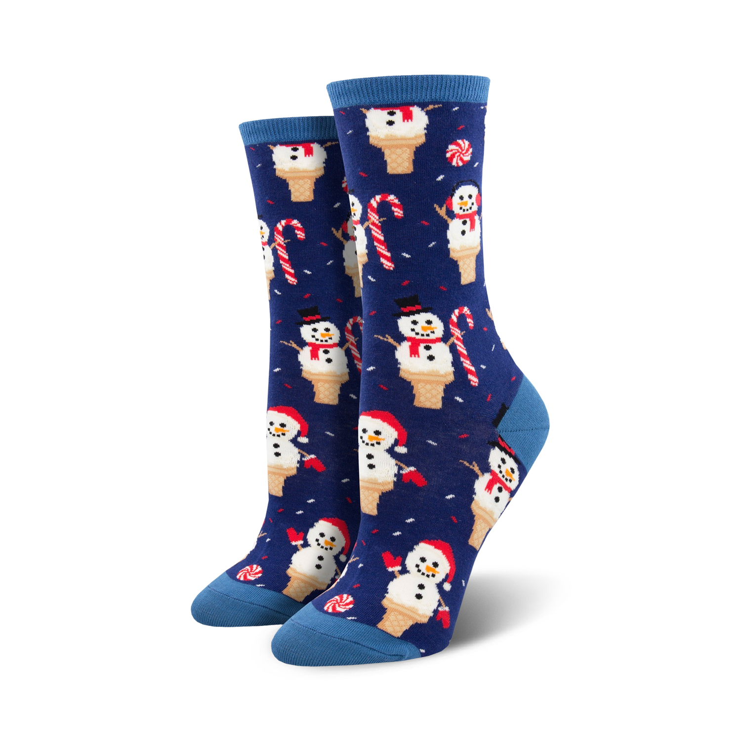 Lifestyle shot showing the navy blue Snow Cone socks on a person's feet.
