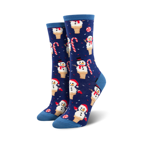 Lifestyle shot showing the navy blue Snow Cone socks on a person's feet.