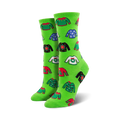 Pair of crew socks in bright green and red, featuring a whimsical all-over print of various holiday-themed ugly sweaters.