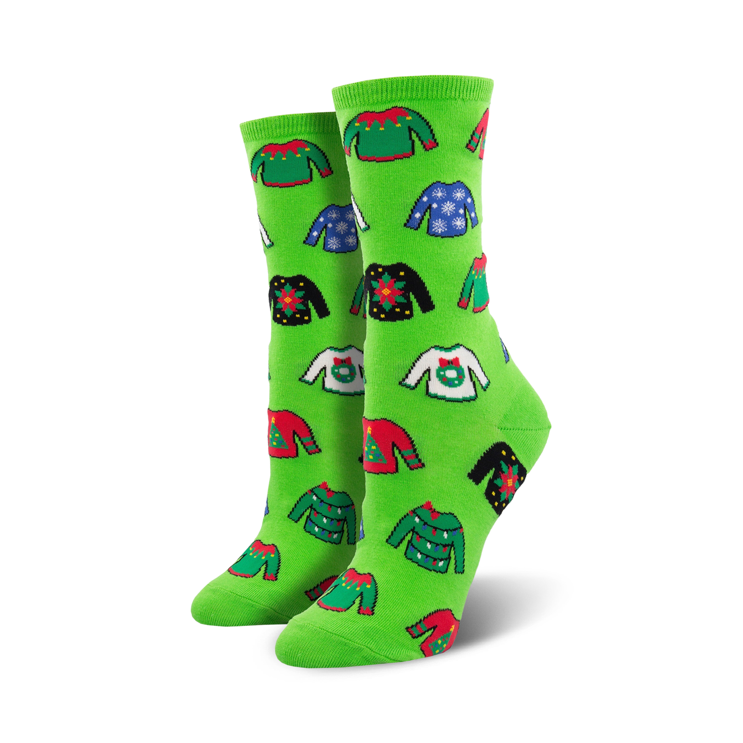 Pair of crew socks in bright green and red, featuring a whimsical all-over print of various holiday-themed ugly sweaters.