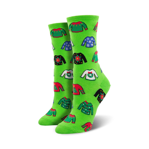 women's knee high crew socks with bright pattern of ugly christmas sweaters  