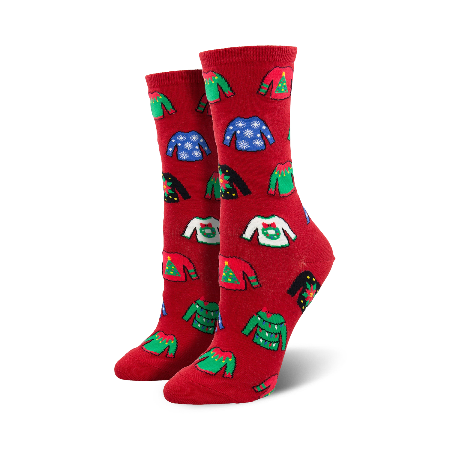 Close-up showing the detail of the colorful ugly Christmas sweater patterns on the red socks.