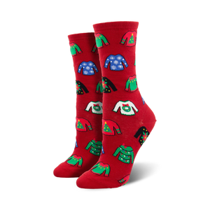 red crew socks featuring a pattern of colorful and festive ugly sweater designs, perfect for the holiday season.  