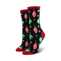 Pair of women's crew socks.  Black and navy background with red and green Christmas ornament designs and snowflakes.