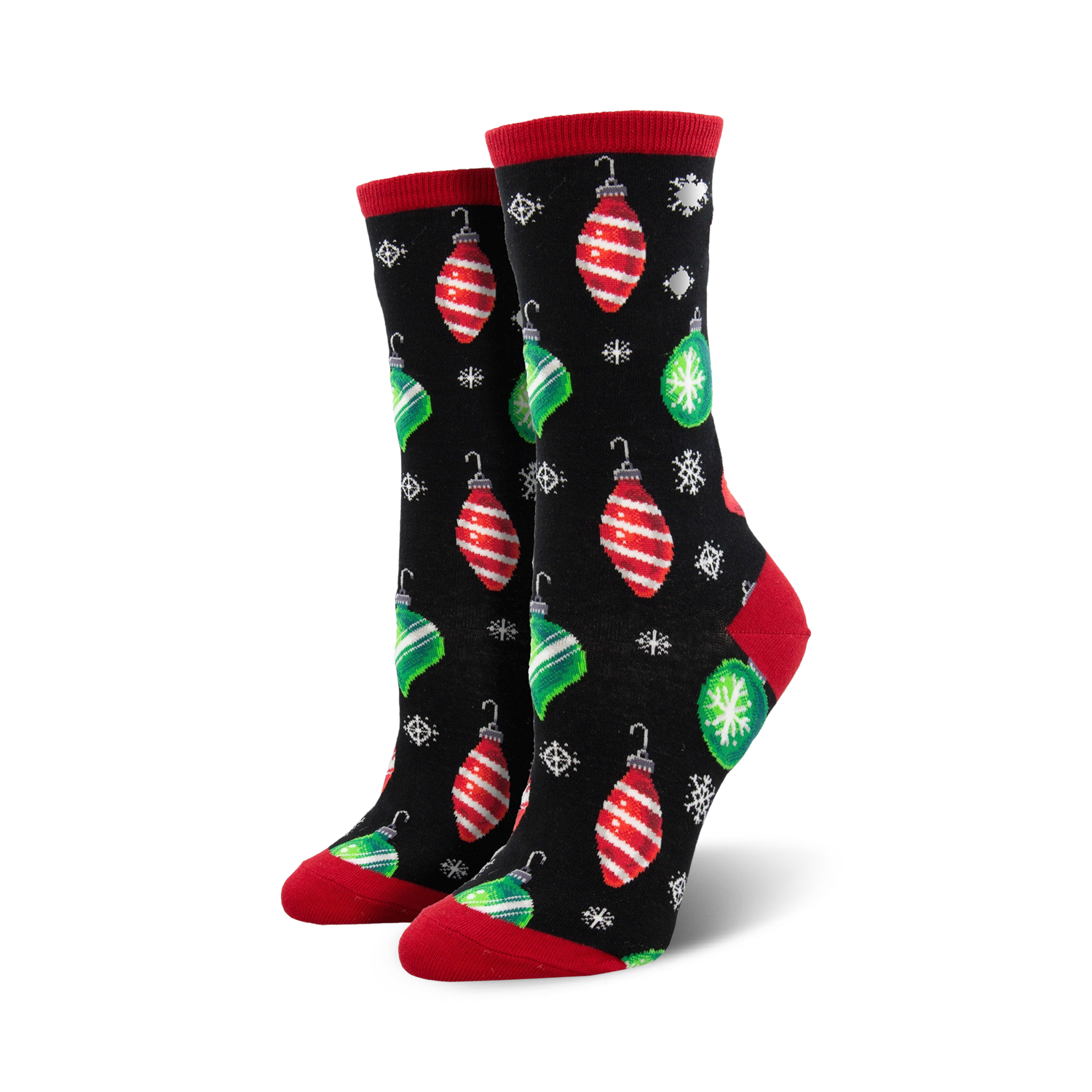 Pair of women's crew socks.  Black and navy background with red and green Christmas ornament designs and snowflakes.