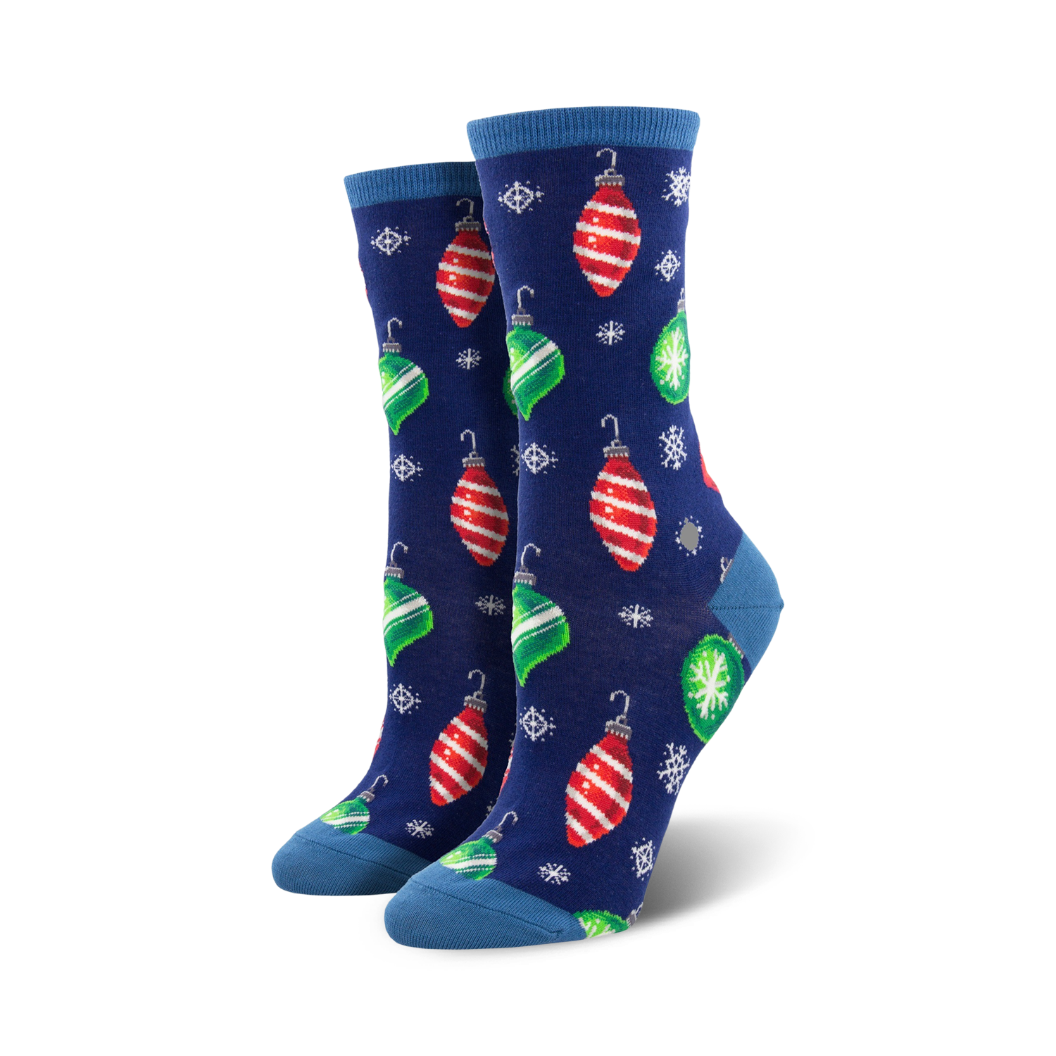 Lifestyle shot showing the blue Ornament socks on a model's feet.