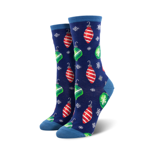 Lifestyle shot showing the blue Ornament socks on a model's feet.