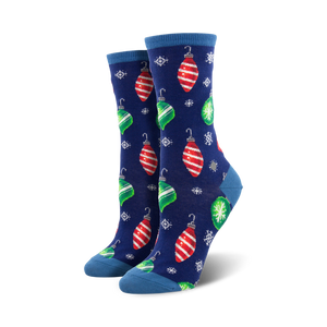 blue crew socks for women with red, green, and white ornament pattern, blue toe and heel, green cuff. christmas theme.  