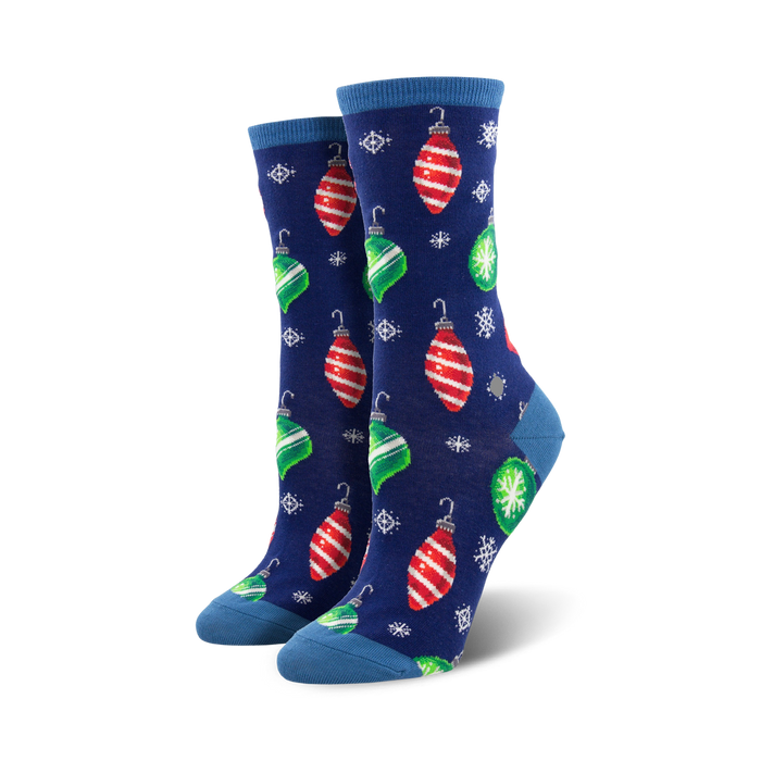 blue crew socks for women with red, green, and white ornament pattern, blue toe and heel, green cuff. christmas theme.  