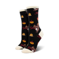 Crew socks in black with cream soles. Featuring festive designs: brown squirrels holding red bows, gold bells, and red and gold ornaments.