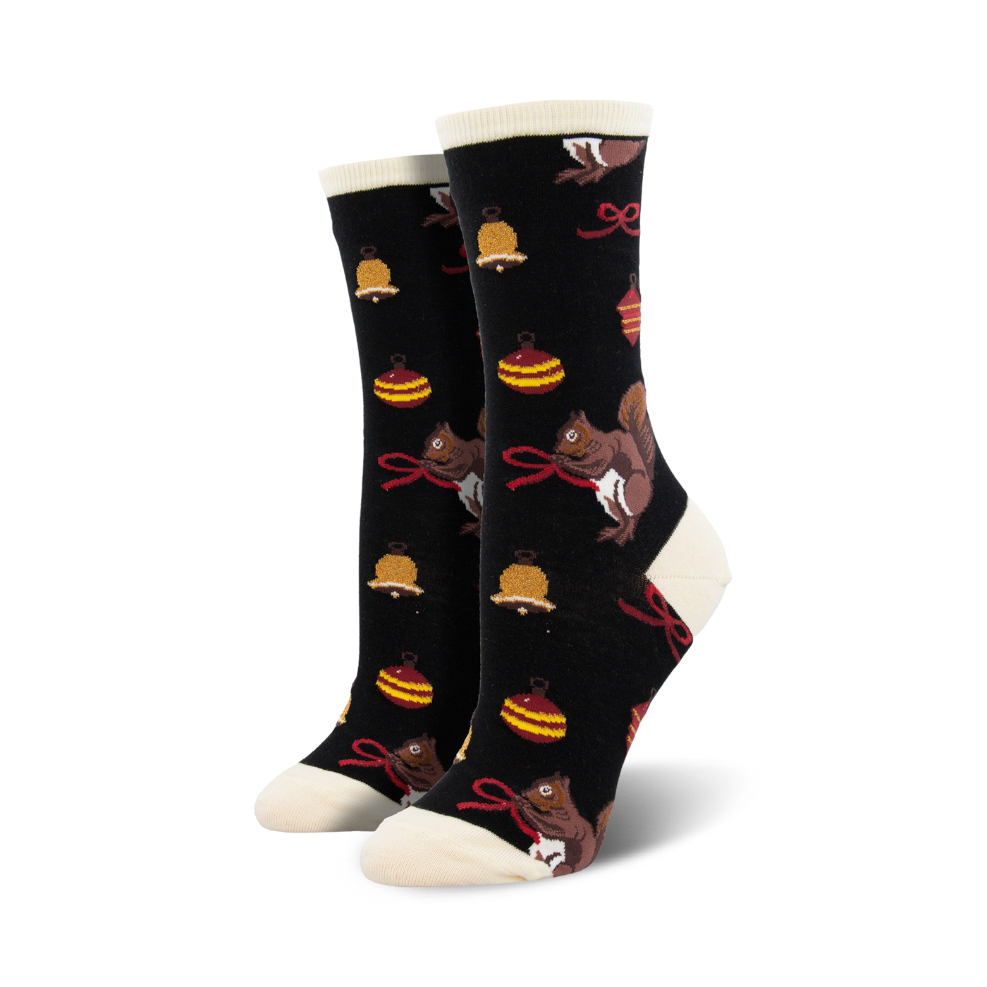 Crew socks in black with cream soles. Featuring festive designs: brown squirrels holding red bows, gold bells, and red and gold ornaments.