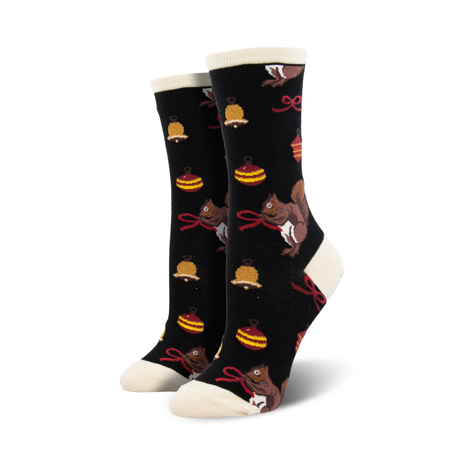 Crew socks in black with cream soles. Featuring festive designs: brown squirrels holding red bows, gold bells, and red and gold ornaments.