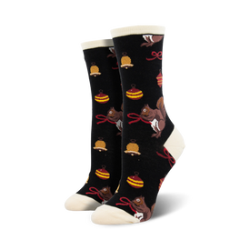 socks with pattern of santa squirrels, red bells and gold ornaments. crew length, womens, christmas theme.   