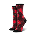 Pair of women's crew socks with red poinsettia flowers on a burgundy background.  Features a black cuff.