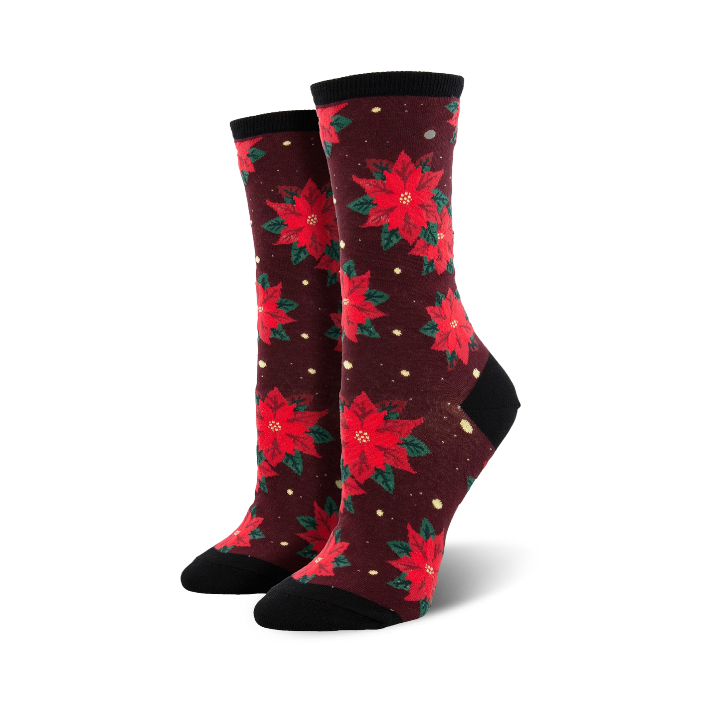 Pair of women's crew socks with red poinsettia flowers on a burgundy background.  Features a black cuff.