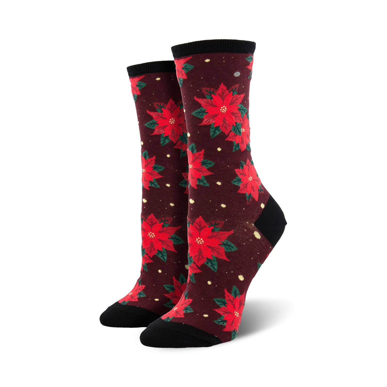 Pair of women's crew socks with red poinsettia flowers on a burgundy background.  Features a black cuff.
