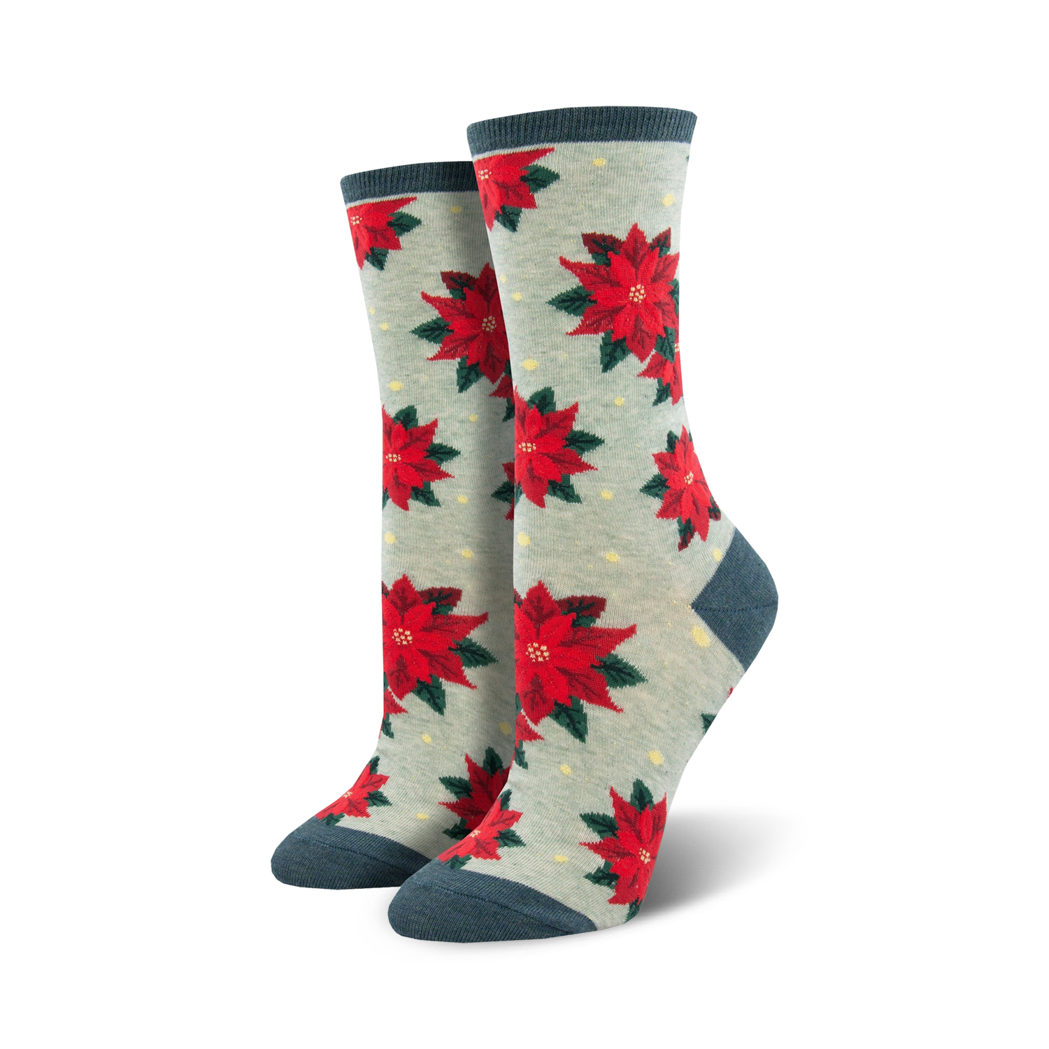 Lifestyle photo showing the Poinsettia socks on a person's feet.