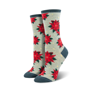 womens crew socks with red poinsettias pattern on grey background. blue toes, heels, and cuffs.   