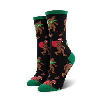 big foot christmas christmas themed womens black novelty crew socks