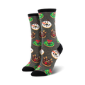 Crew socks in gray with a festive donut pattern. Donuts are decorated as reindeer, snowmen, and Christmas wreaths in red, green, and white.