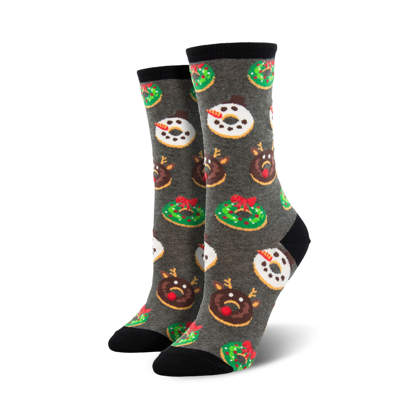 Crew socks in gray with a festive donut pattern. Donuts are decorated as reindeer, snowmen, and Christmas wreaths in red, green, and white.