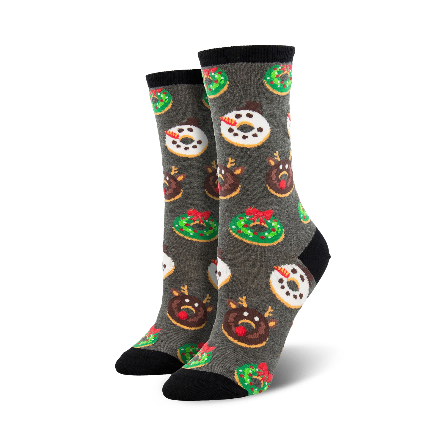Crew socks in gray with a festive donut pattern. Donuts are decorated as reindeer, snowmen, and Christmas wreaths in red, green, and white.