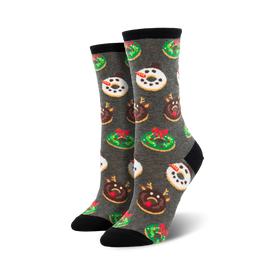womens gray crew socks with a fun christmas theme pattern of cartoon donuts, wreaths, presents, and reindeer.   