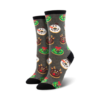 womens gray crew socks with a fun christmas theme pattern of cartoon donuts, wreaths, presents, and reindeer.   