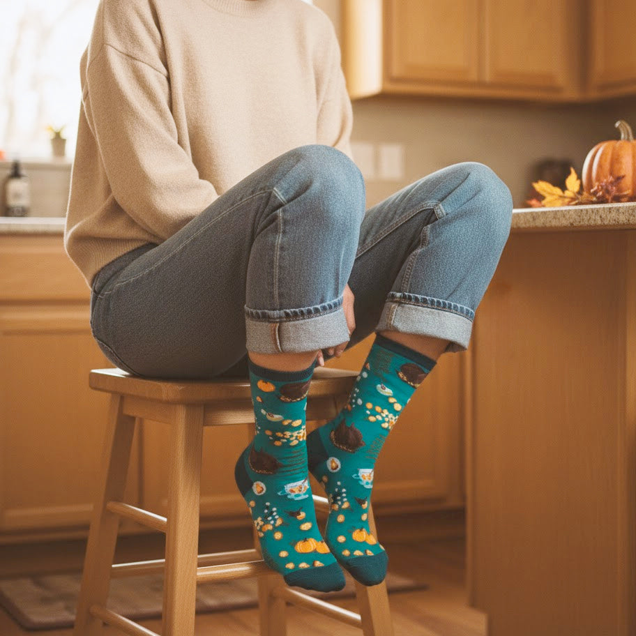 Model in jeans wearing cozy teal crew socks with pumpkin pie and hot cocoa designs in a fall kitchen. [lf]