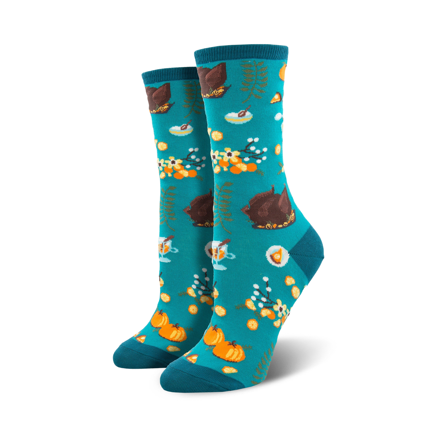 Pair of teal crew socks with a Thanksgiving-themed pattern: roasted turkeys, pumpkins, pie, and fall foliage.