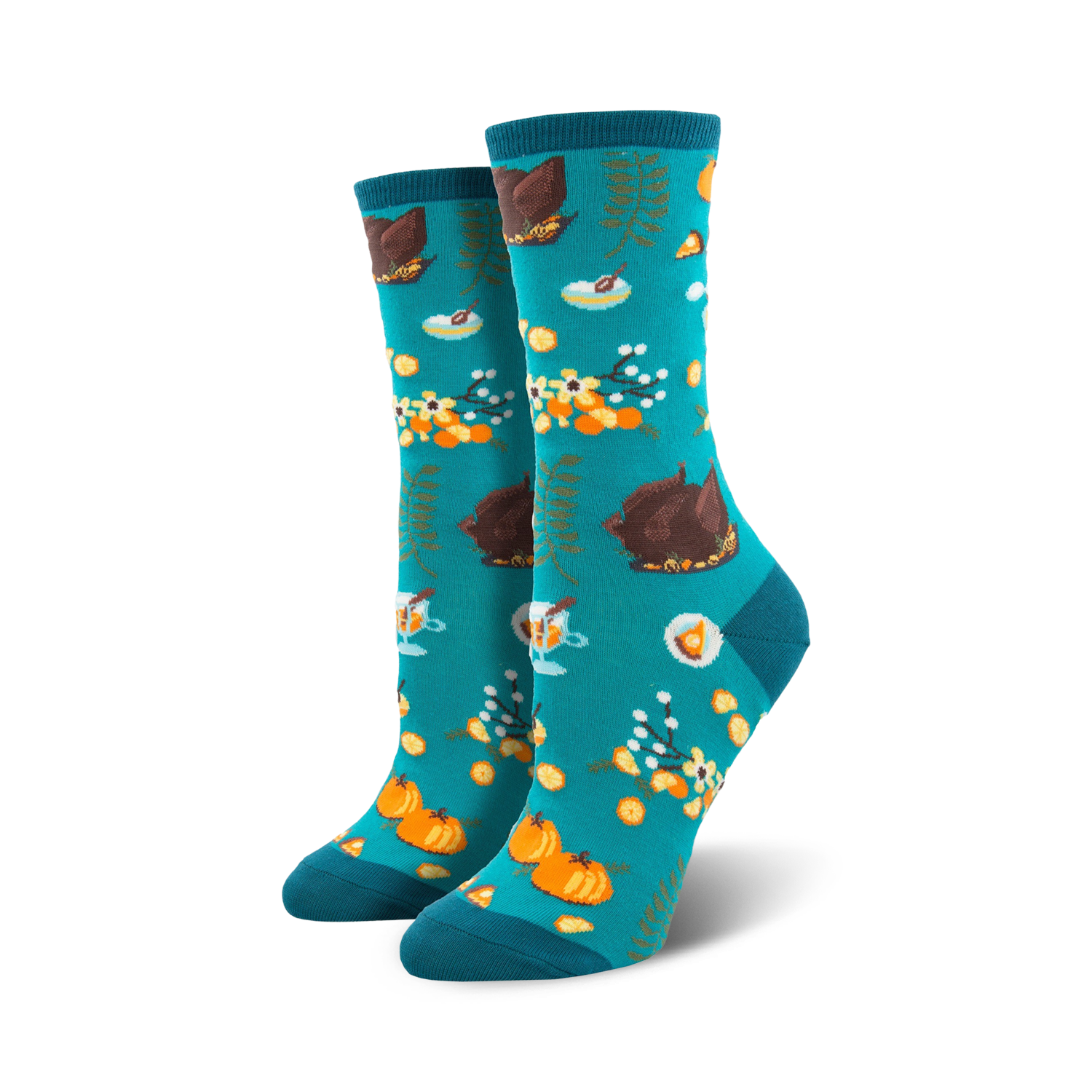 Pair of teal crew socks with a Thanksgiving-themed pattern: roasted turkeys, pumpkins, pie, and fall foliage.