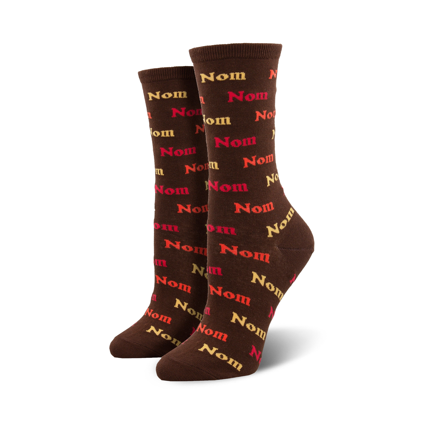 Pair of brown crew socks with a repeating pattern of the word 'Nom' in shades of red, orange, and beige.