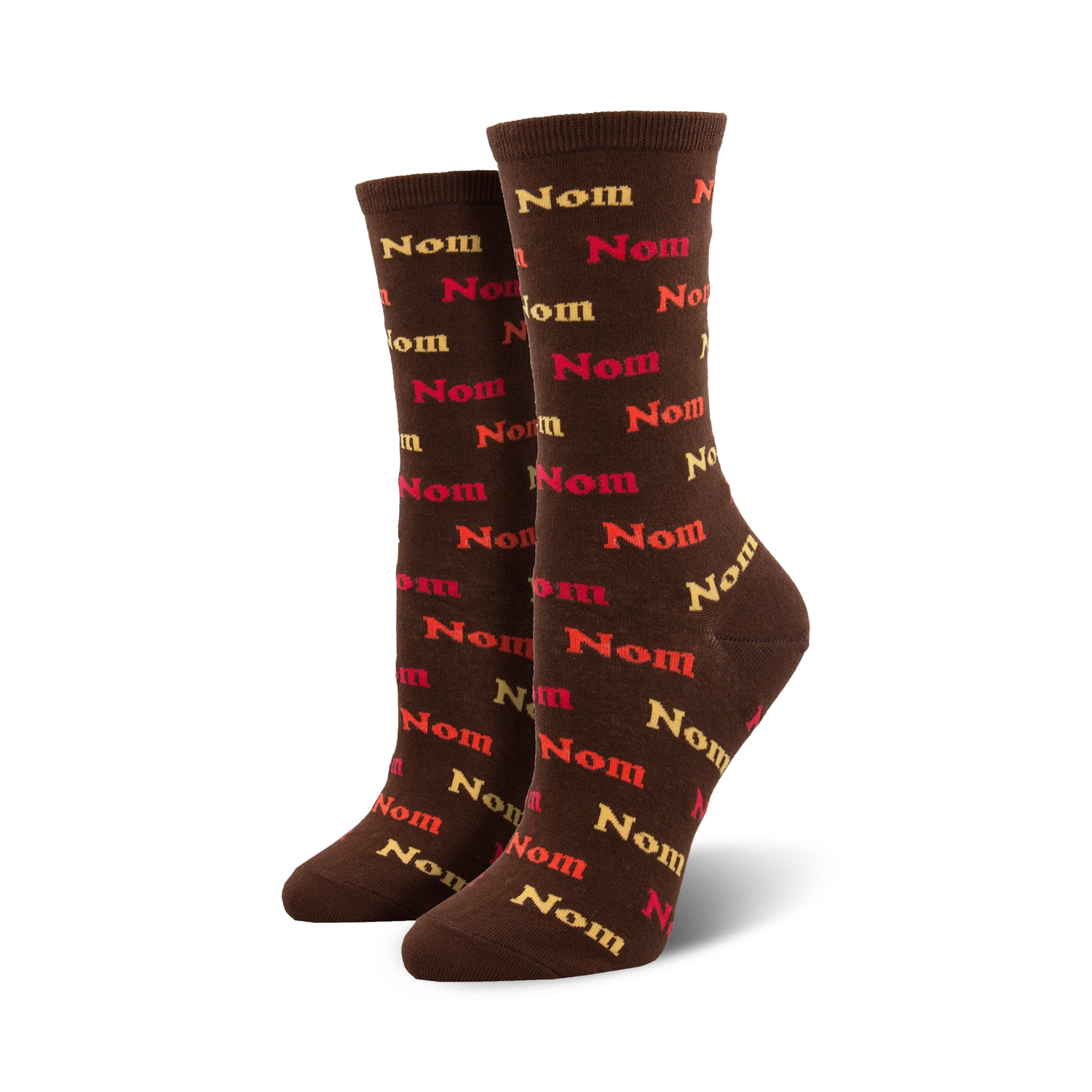 Pair of brown crew socks with a repeating pattern of the word 'Nom' in shades of red, orange, and beige.