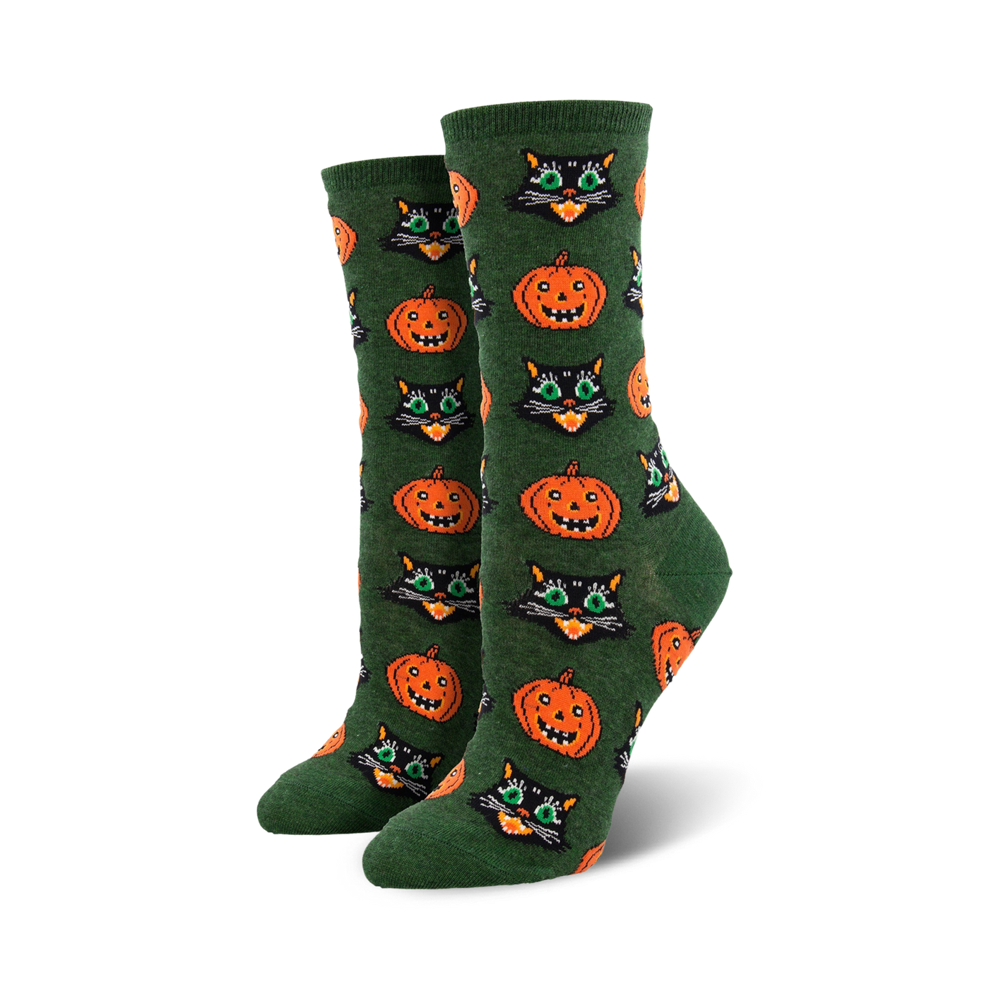 Pair of women's crew socks. Dark green background with repeating pattern of orange pumpkins and black cat faces.