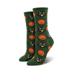 Pair of women's crew socks. Dark green background with repeating pattern of orange pumpkins and black cat faces.