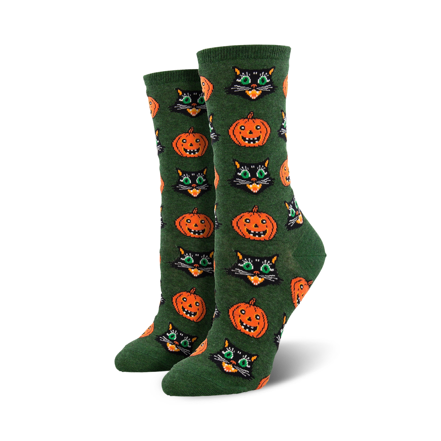 Pair of women's crew socks. Dark green background with repeating pattern of orange pumpkins and black cat faces.