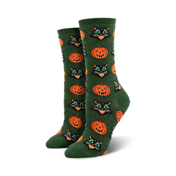 women's crew socks, halloween theme, green with black cats and orange pumpkins pattern  
