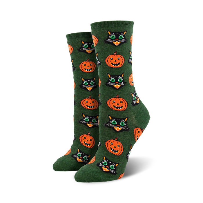 women's crew socks, halloween theme, green with black cats and orange pumpkins pattern  