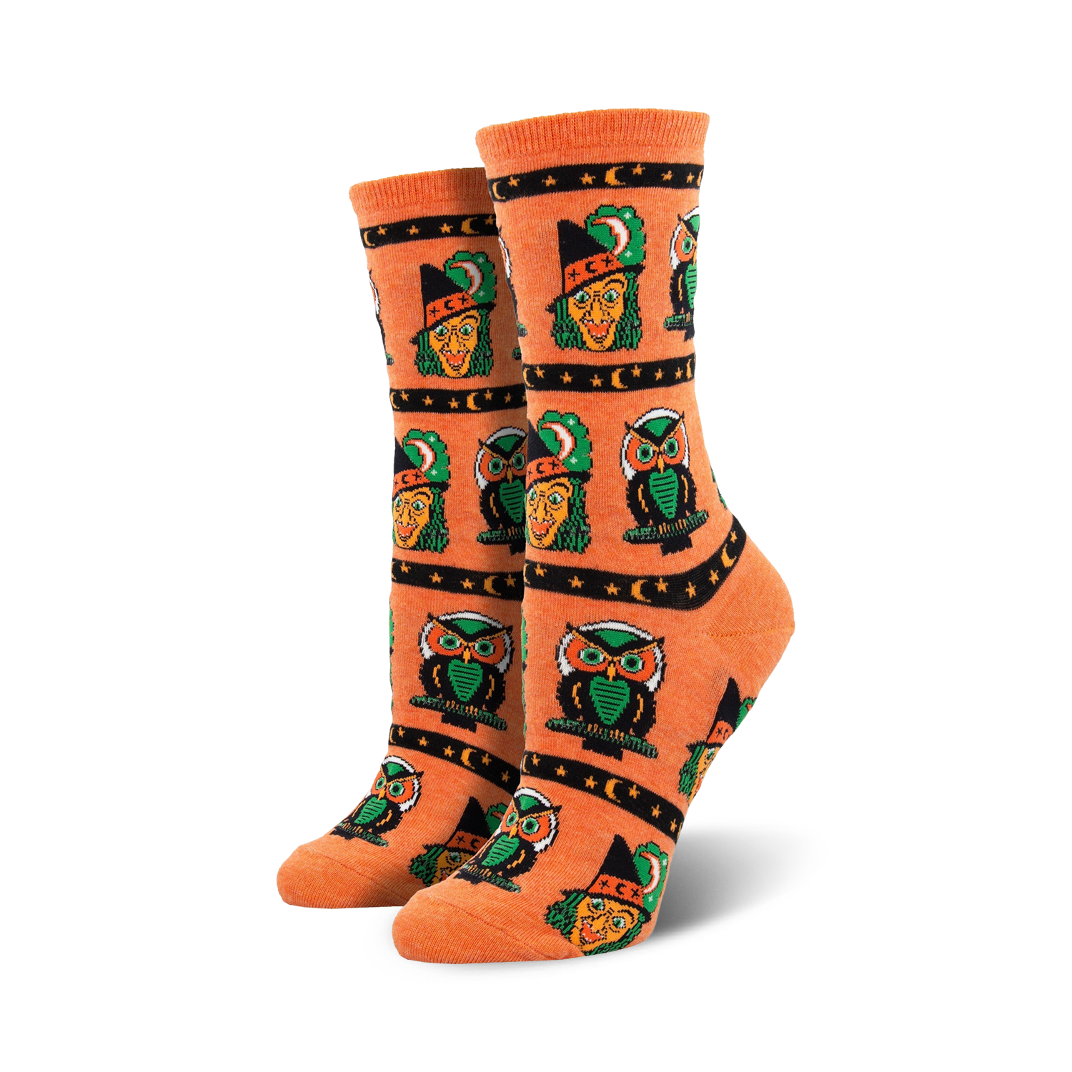 Close-up of orange Witchcraft Wonders socks showcasing the pixelated witch and owl design.