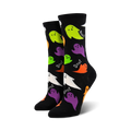 Pair of black crew socks featuring multicolored ghosts and "Boo!" text.  Colors include purple, orange, green, and white ghosts on a black background.