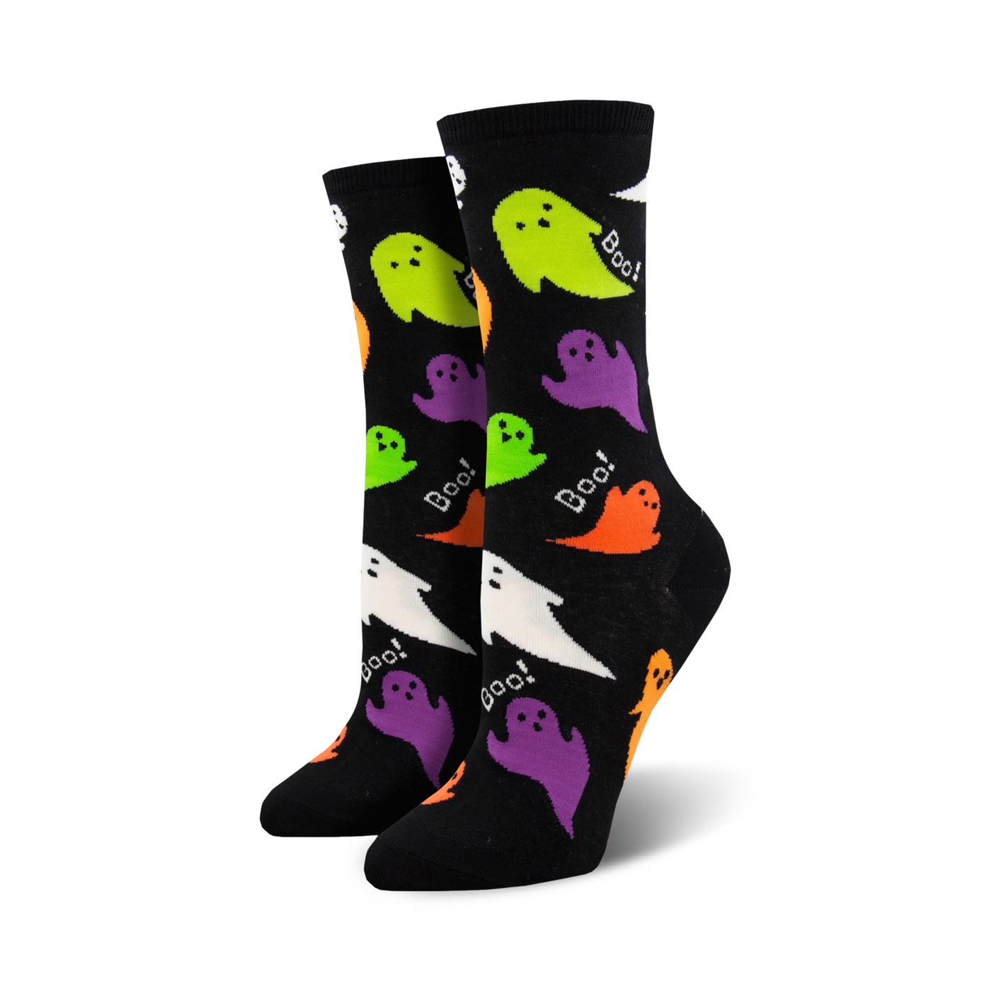 Pair of black crew socks featuring multicolored ghosts and "Boo!" text.  Colors include purple, orange, green, and white ghosts on a black background.