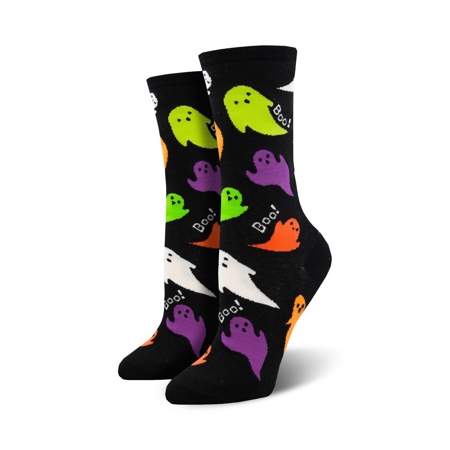 Pair of black crew socks featuring multicolored ghosts and "Boo!" text.  Colors include purple, orange, green, and white ghosts on a black background.