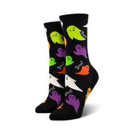 womens black crew socks with a colorful halloween-inspired ghost pattern.  