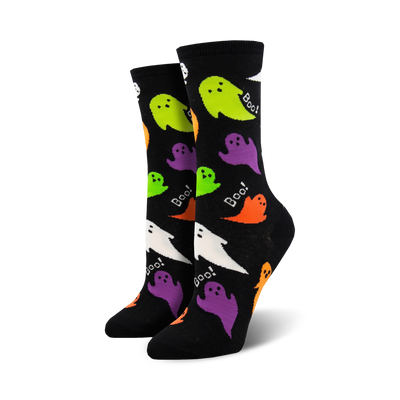 womens black crew socks with a colorful halloween-inspired ghost pattern.  